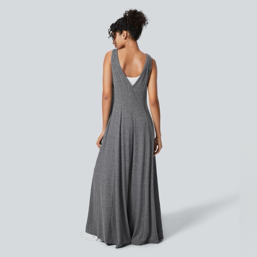 Halara Wide-Leg Heather Gray Loose Sleeveless Vneck Pocket Lounge CasualJumpsuit - Picture 2 of 8
